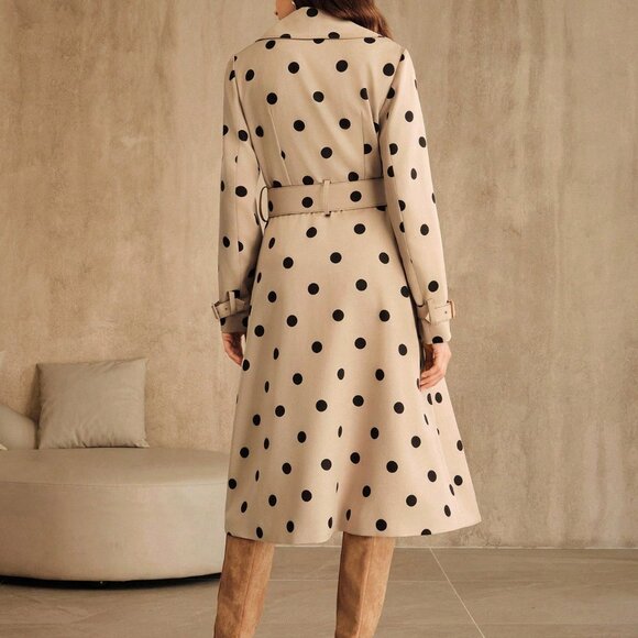Khaki Elegant Women's Minimalist Polka Dot Trench Coat - Picture 2 of 8